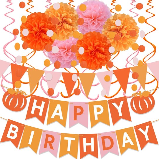 Greentek; Pink & Orange Thanksgiving Birthday Party Decorations, Groovy Pumpkin Happy Birthday Banner, Fall Harvest Garland & Hanging Party Decor Set; Category:Banners; Image:1